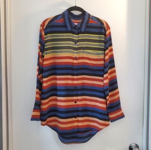 Equipment silk blouse w/blue, green, orange, tan stripes, oversize button up